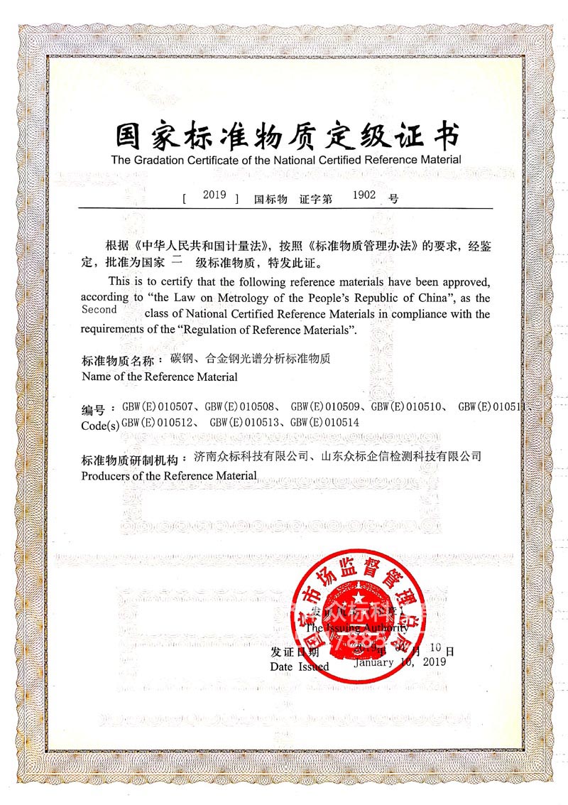 钢铁～国家标准物质定级证书（010507~010514）
